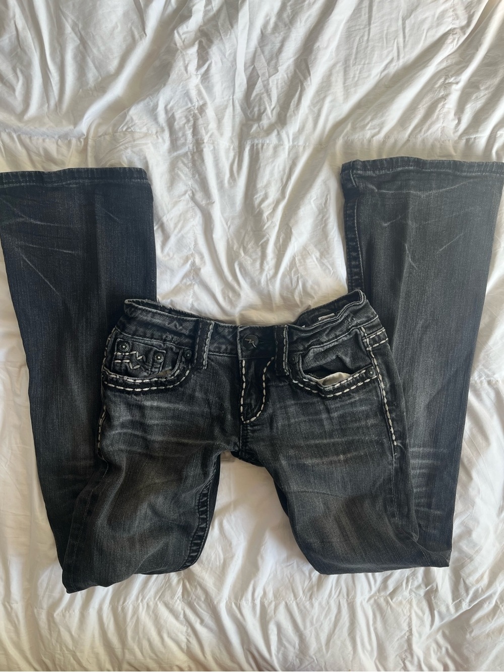 Miss Me Black Bootcut Jeans Low Rise Embroidered Stitched Pockets Y2K Mcbling 26
